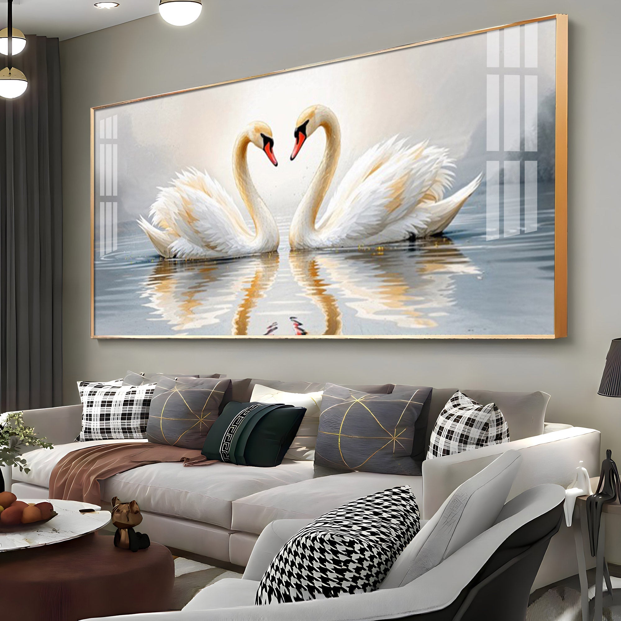 Two White Swan Glass Finish Horizontal Wall Art