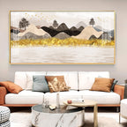 Colorful Golden Mountain Glass Finish Horizontal Wall Art