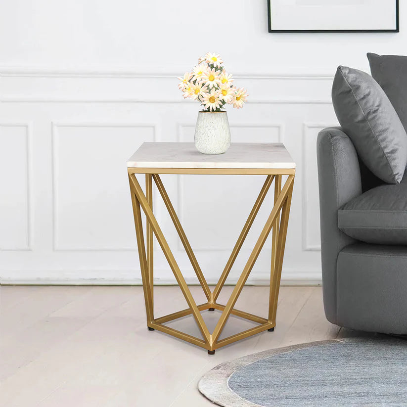 Michelle Marble Top Side Table in White and Gold Colour DECORMANTRA
