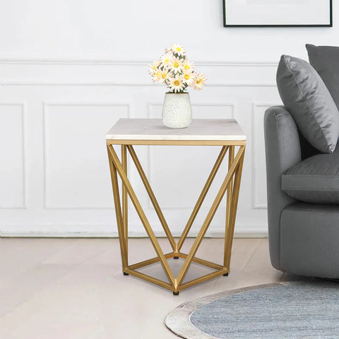 Michelle Marble Top Side Table in White and Gold Colour