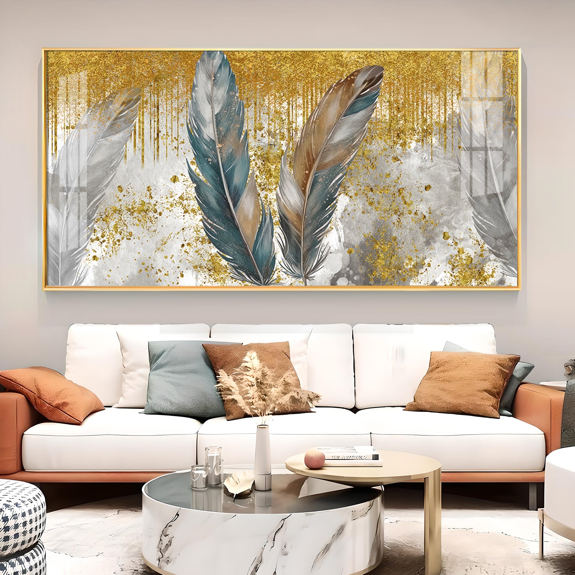 Feather HCmony Glass Finish Horizontal Wall Art
