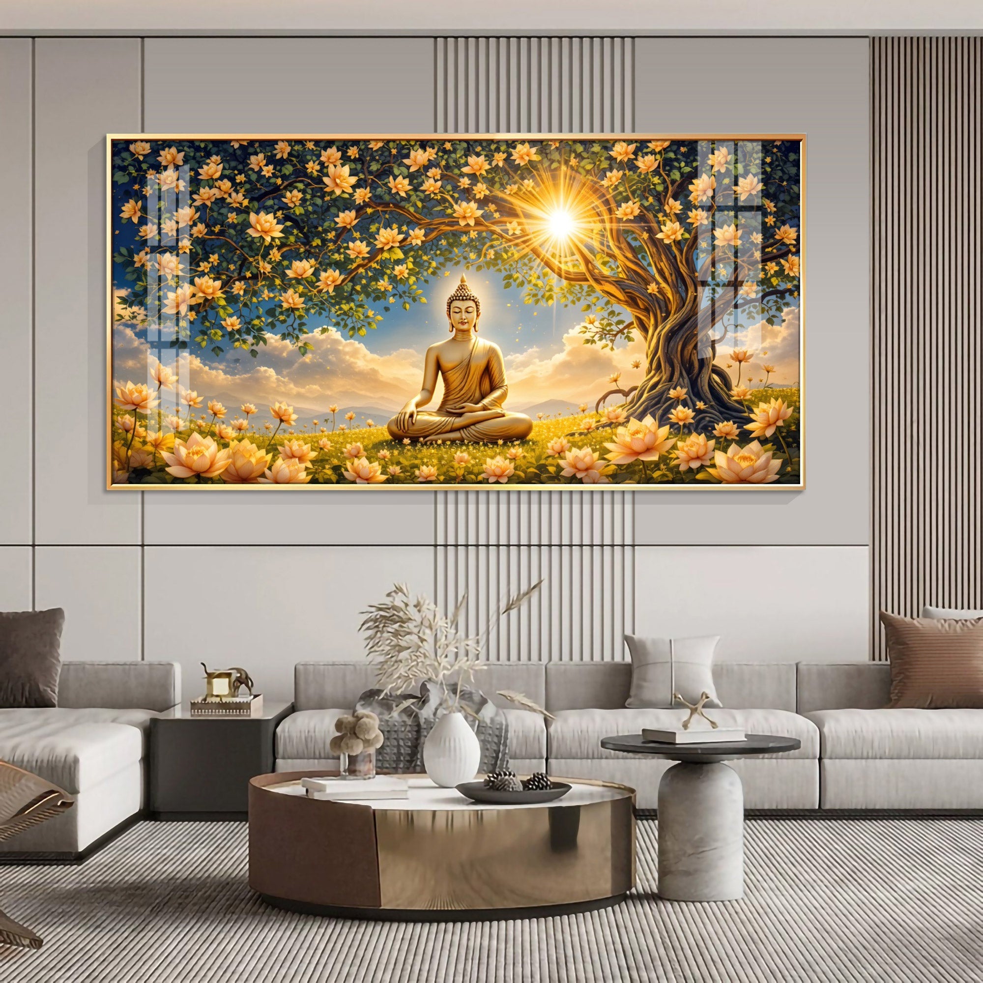 Buddha In Autum Nature Glass Finish Horizontal Wall Art