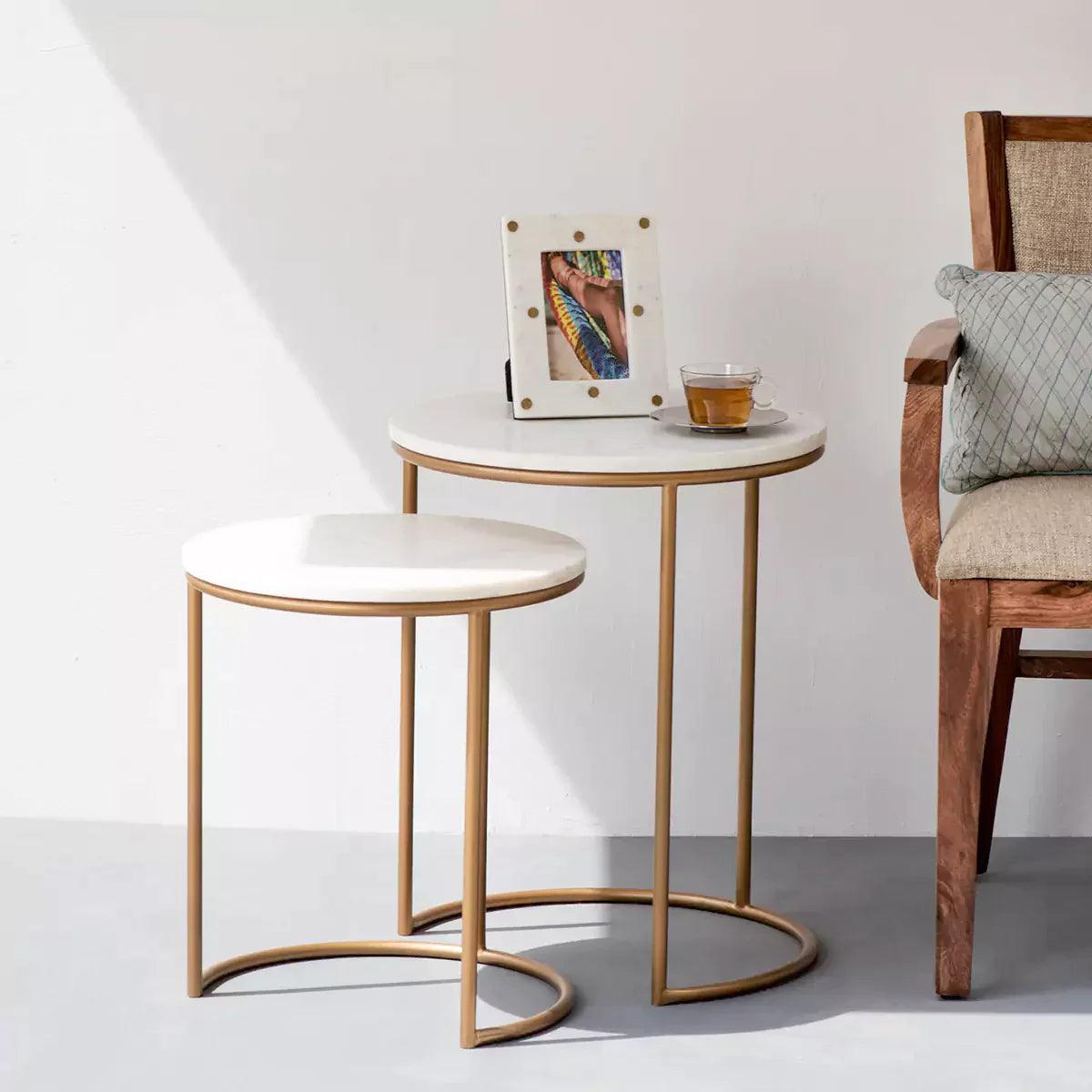 Black & White Marble Top Iron Stand Coffee Table Set of 2 - Decor Mantra 