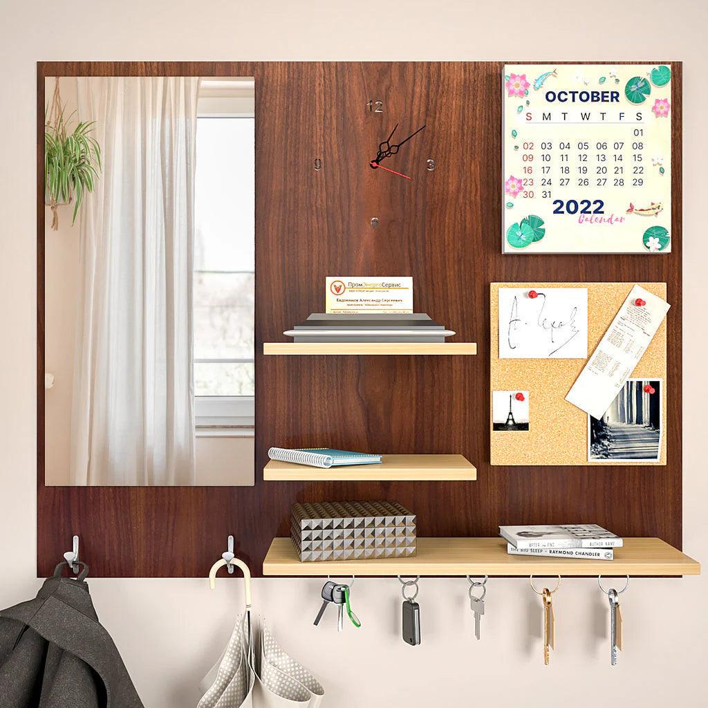 Beautiful (7 In One)' Wooden Wall Organiser with Mirror, Clock, Clipboard, Calendar and Hangers - Decor Mantra 
