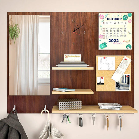 Beautiful (7 In One)' Wooden Wall Organiser with Mirror, Clock, Clipboard, Calendar and Hangers - Decor Mantra 