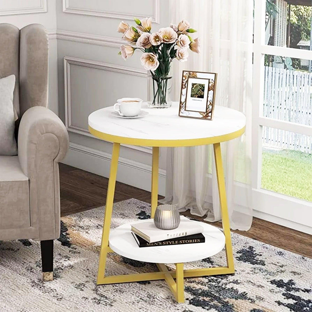 2 Tier Faux White Marble Side Table with with Golden Finish Storage Shelf - Decor Mantra 
