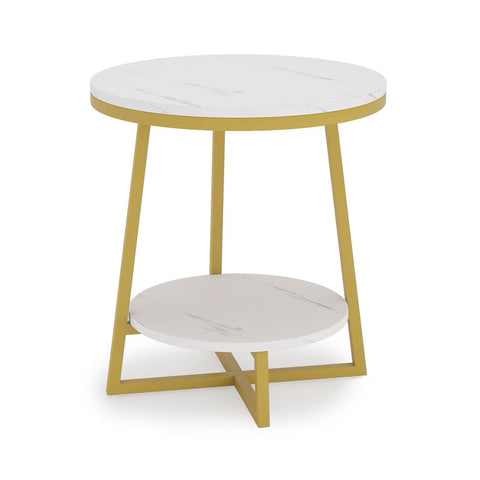 2 Tier Faux White Marble Side Table with with Golden Finish Storage Shelf - Decor Mantra 