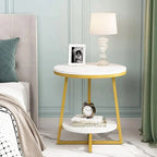 2 Tier Faux White Marble Side Table with with Golden Finish Storage Shelf - Decor Mantra 
