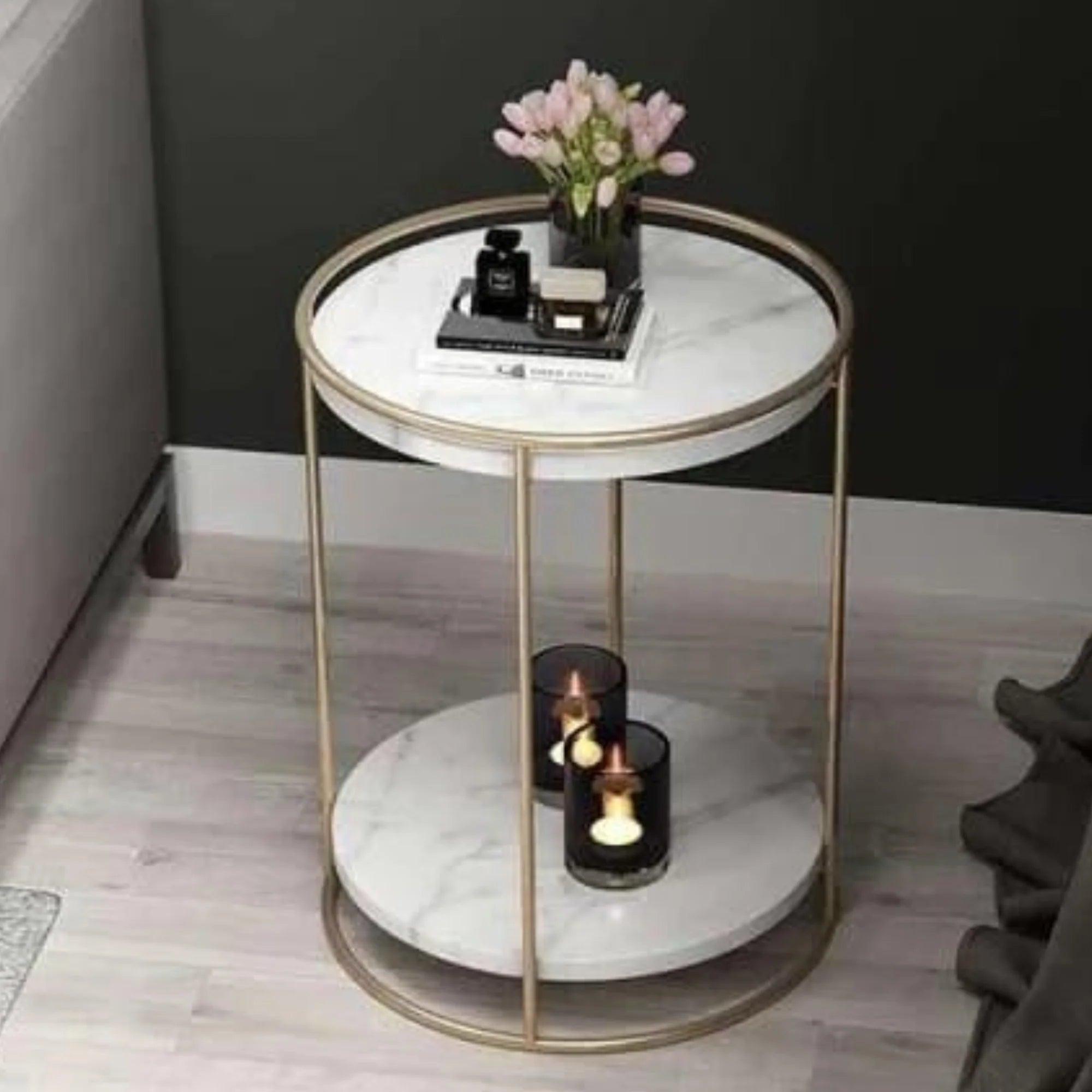 2 Tiered with Gold End Faux Marble Side Table - Decor Mantra 