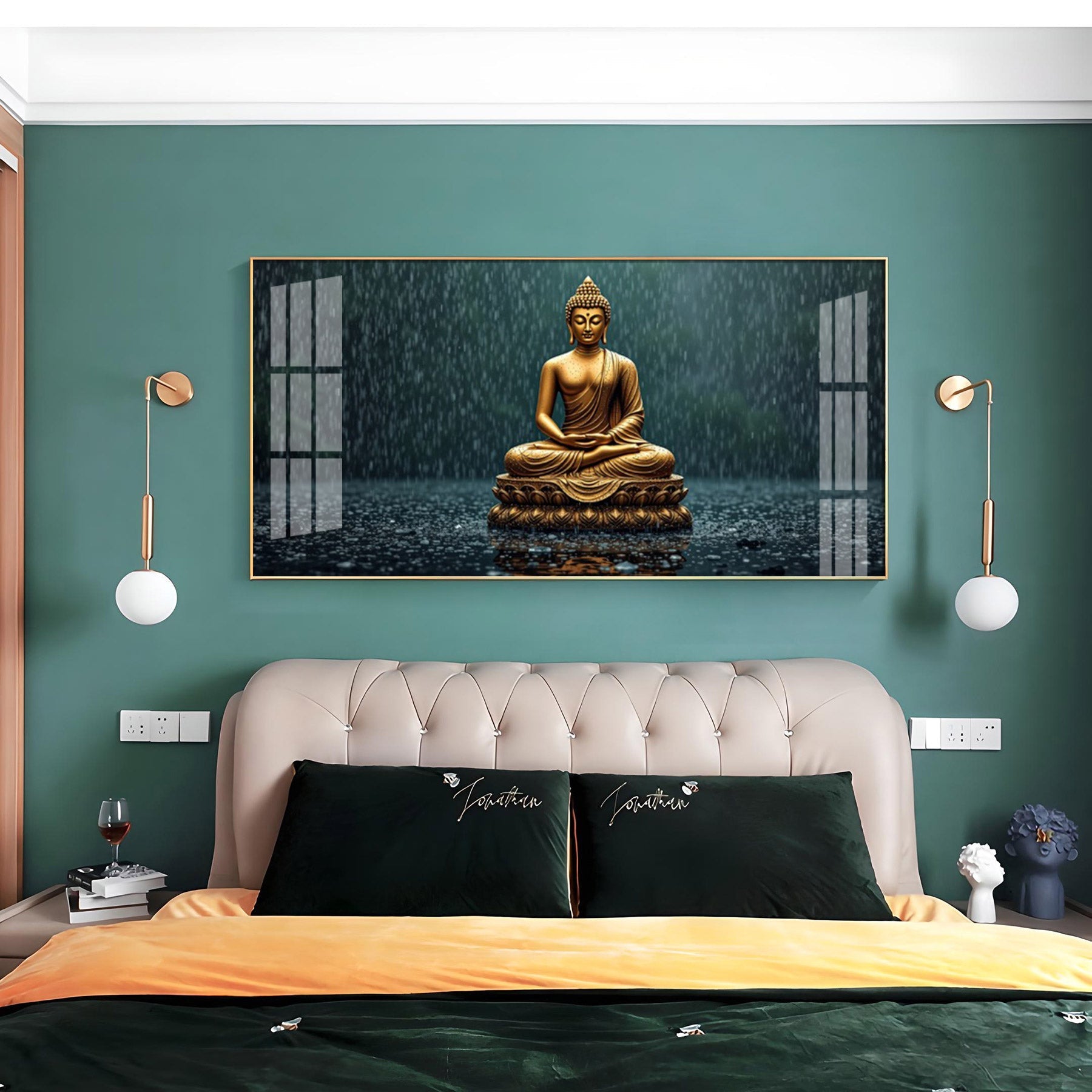 Golden Calm Budha Glass Finish Horizontal Wall Art