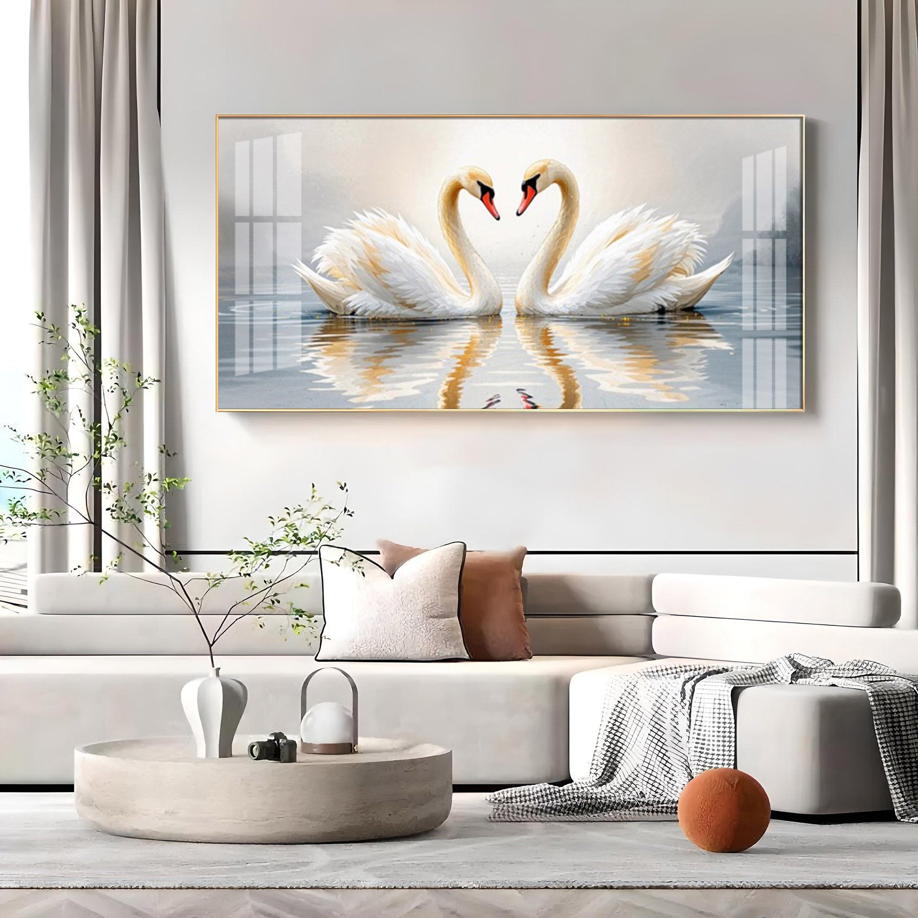 Two White Swan Glass Finish Horizontal Wall Art