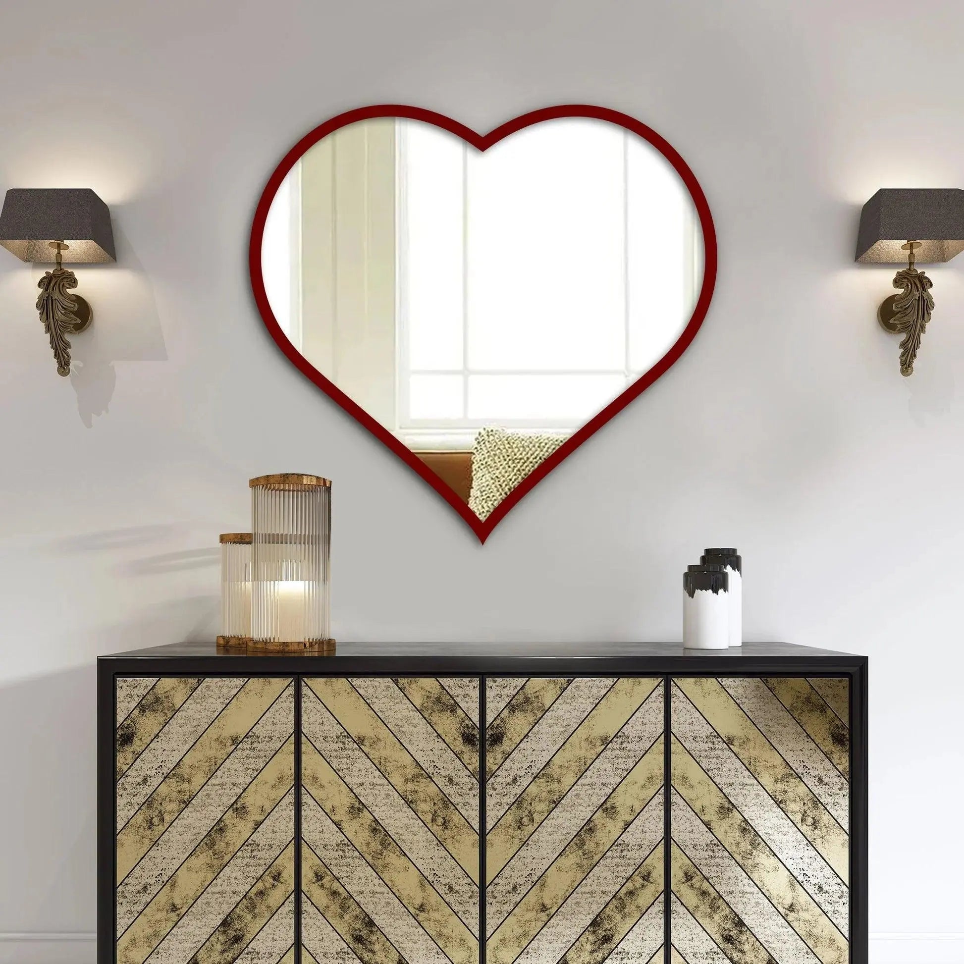 Modern Atractive Heart Shape Mirror with Red Finish Frame - Decor Mantra 
