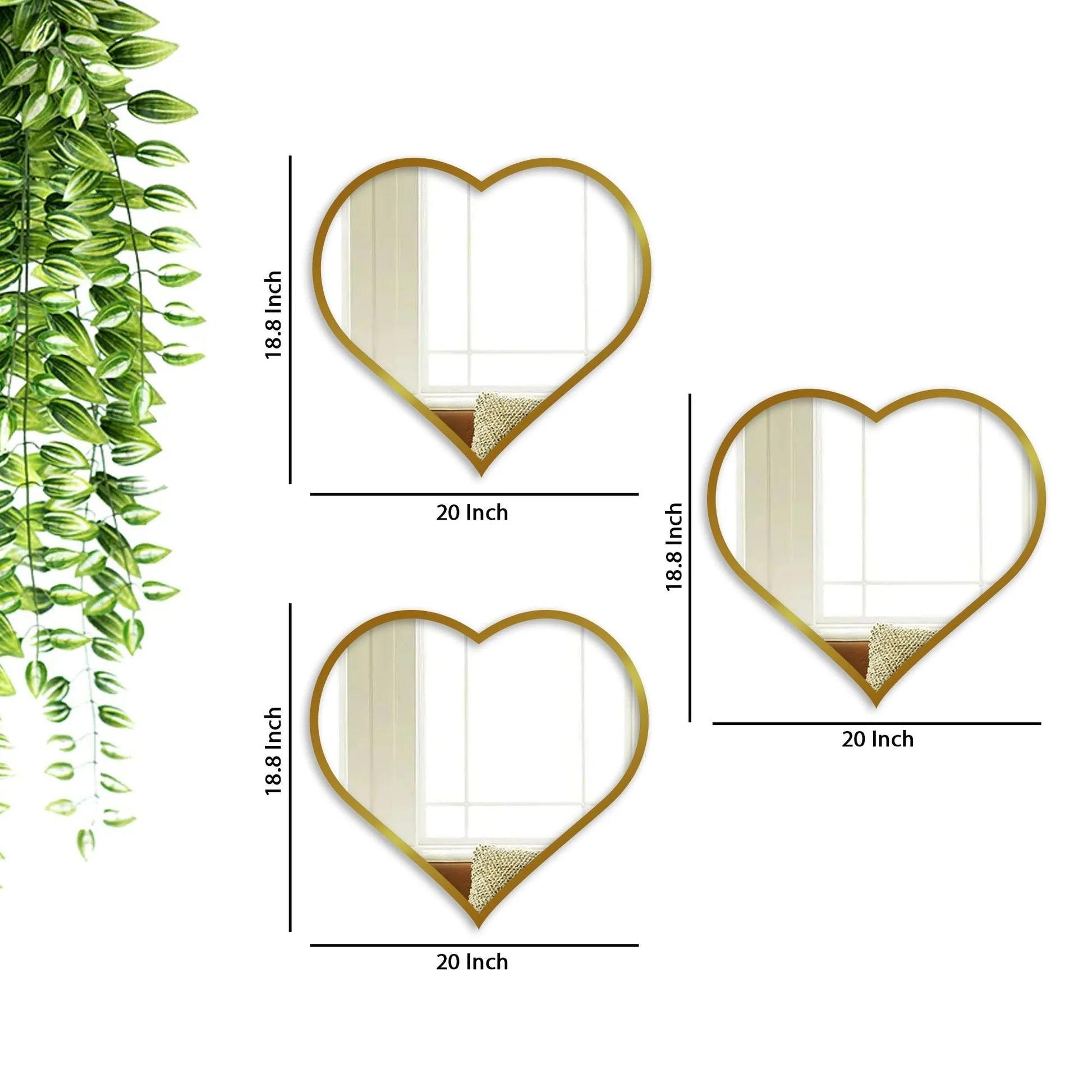 Beautiful Atractive Heart Shape Mirror with Golden Finish Frame Set of 3 - Decor Mantra 