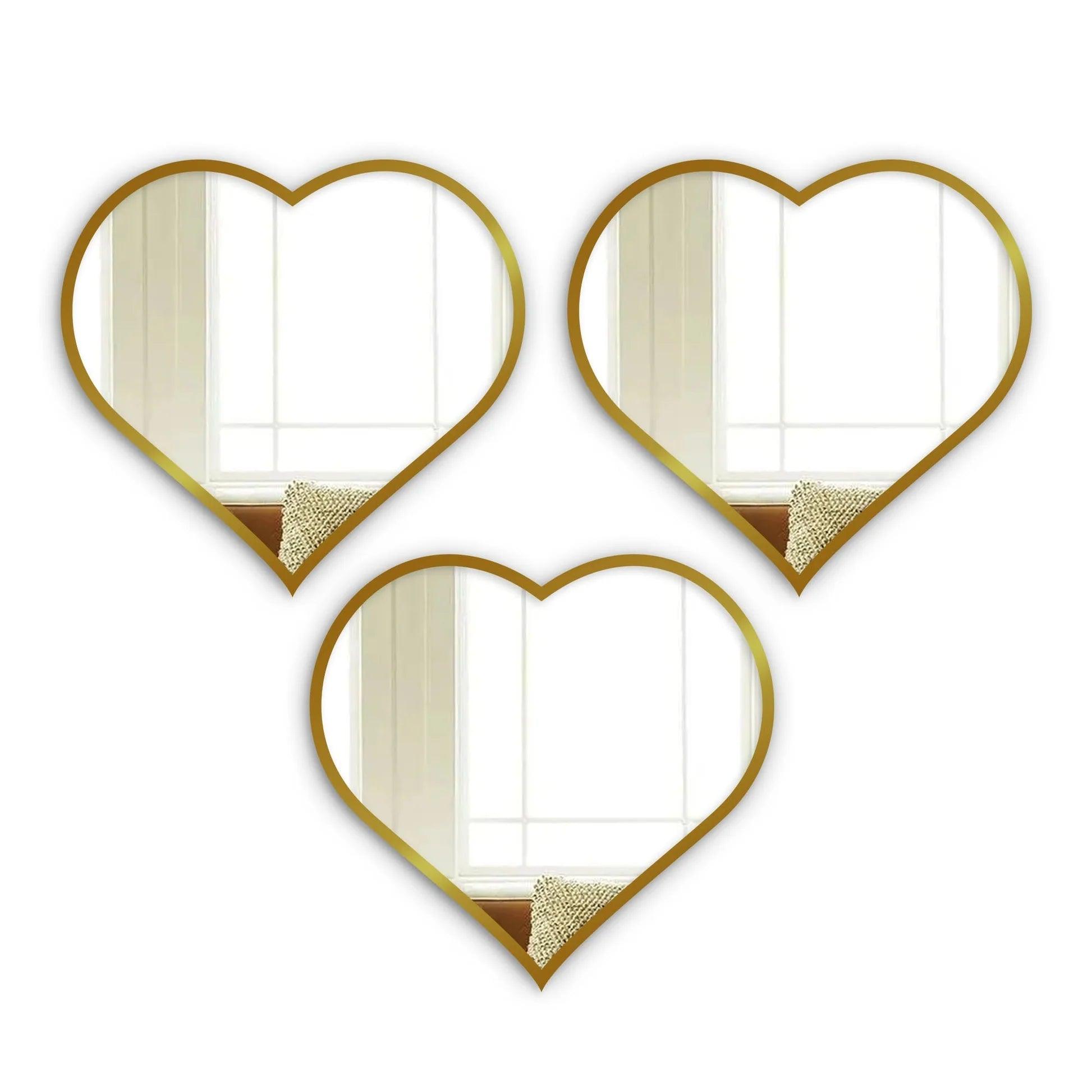 Beautiful Atractive Heart Shape Mirror with Golden Finish Frame Set of 3 - Decor Mantra 