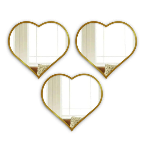 Beautiful Atractive Heart Shape Mirror with Golden Finish Frame Set of 3 - Decor Mantra 