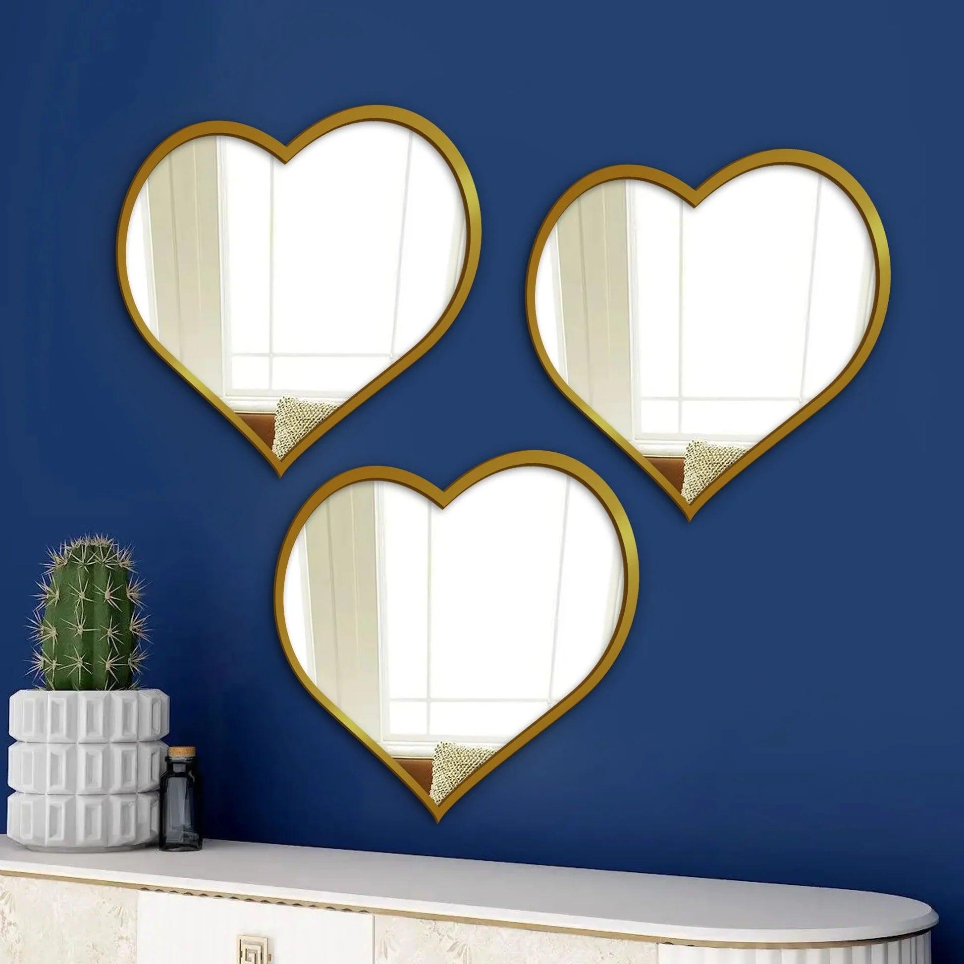 Beautiful Atractive Heart Shape Mirror with Golden Finish Frame Set of 3 - Decor Mantra 