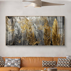 Golden And Silver Feather Glass Finish Horizontal Wall Art