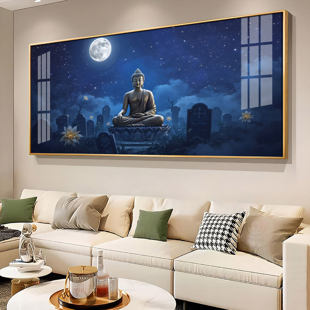 Buddha In Moonlight Glass Finish Horizontal Wall Art