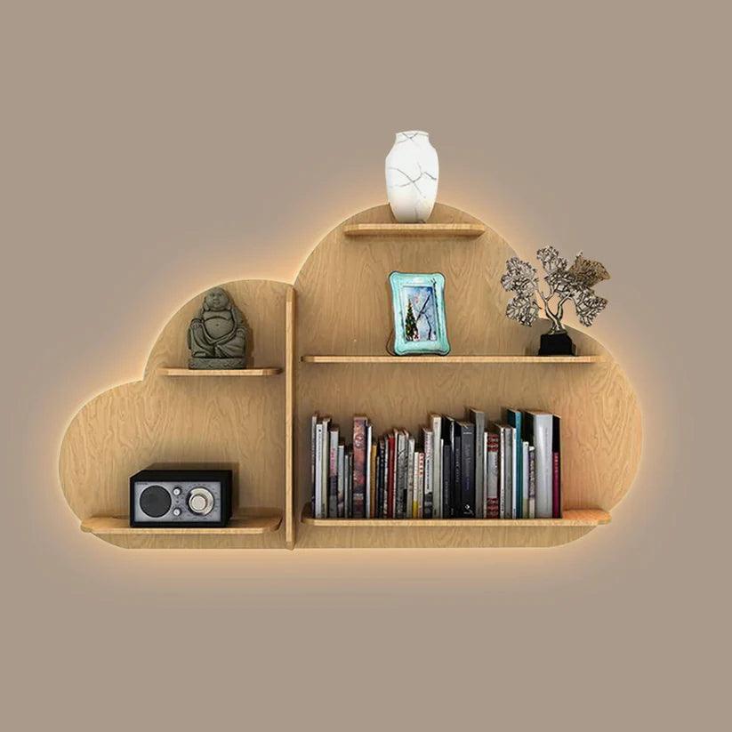 Cloud Shape Backlit Designer Wooden Wall Shelf / Book Shelf / Night Light, Light Oak Finish - Decor Mantra 