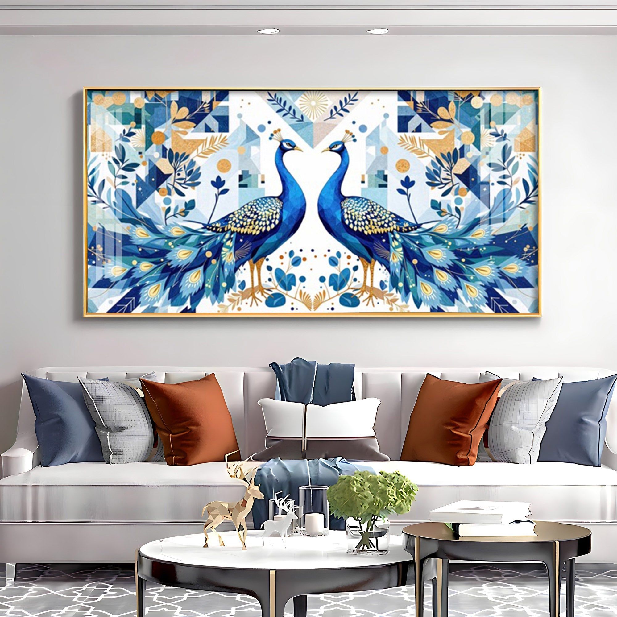Two Peacock Looking Each Other Glass Finish Horizontal Wall Art