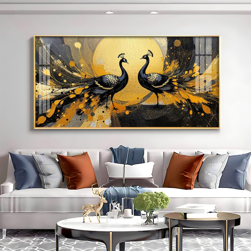 Abstract Two Peacock Looking Each Other Glass Finish Horizontal Wall Art