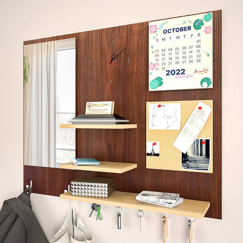 Beautiful (7 In One)' Wooden Wall Organiser with Mirror, Clock, Clipboard, Calendar and Hangers - Decor Mantra 