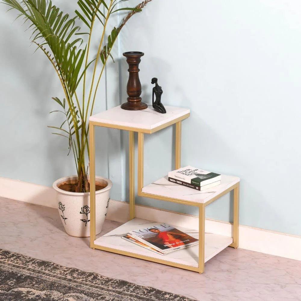 3-Tier Modern Side Table with Storage Shelf with Golden Metal Finish - Decor Mantra 