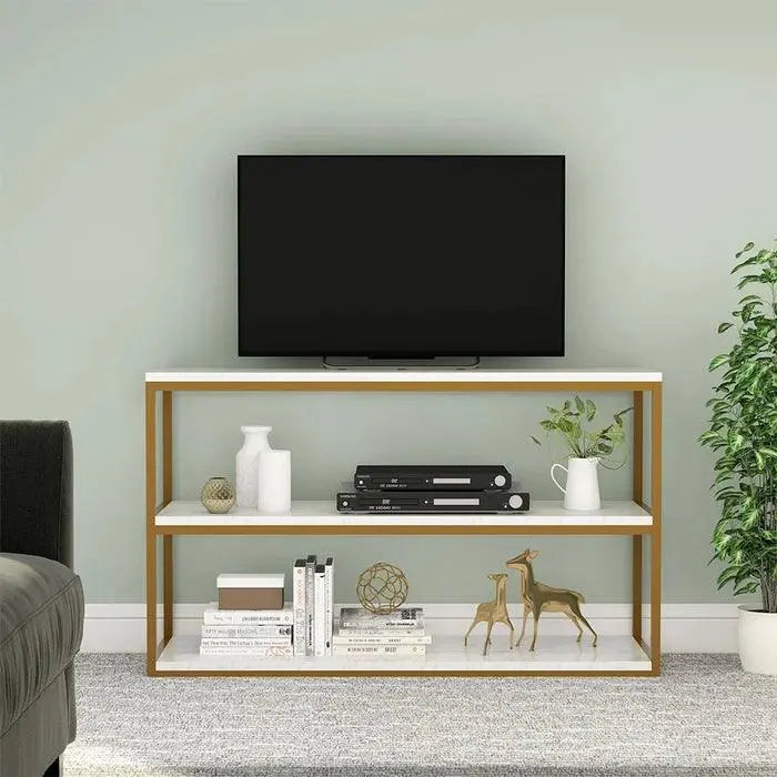 3-Tier White Marble Console Table with Golden Finish - Decor Mantra 