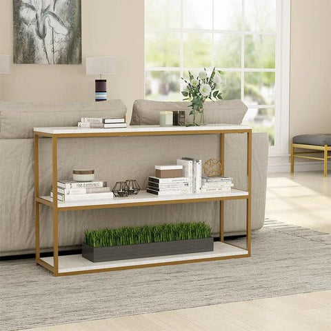3-Tier White Marble Console Table with Golden Finish - Decor Mantra 