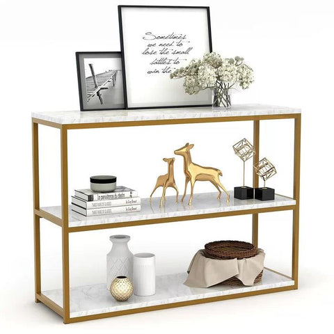 3-Tier White Marble Console Table with Golden Finish - Decor Mantra 