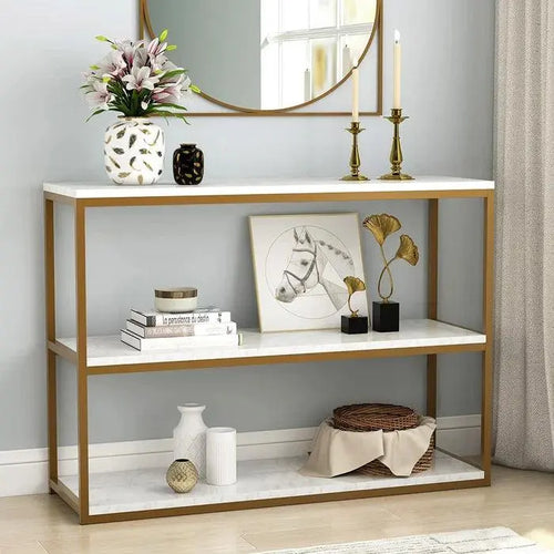 3-Tier White Marble Console Table with Golden Finish - Decor Mantra