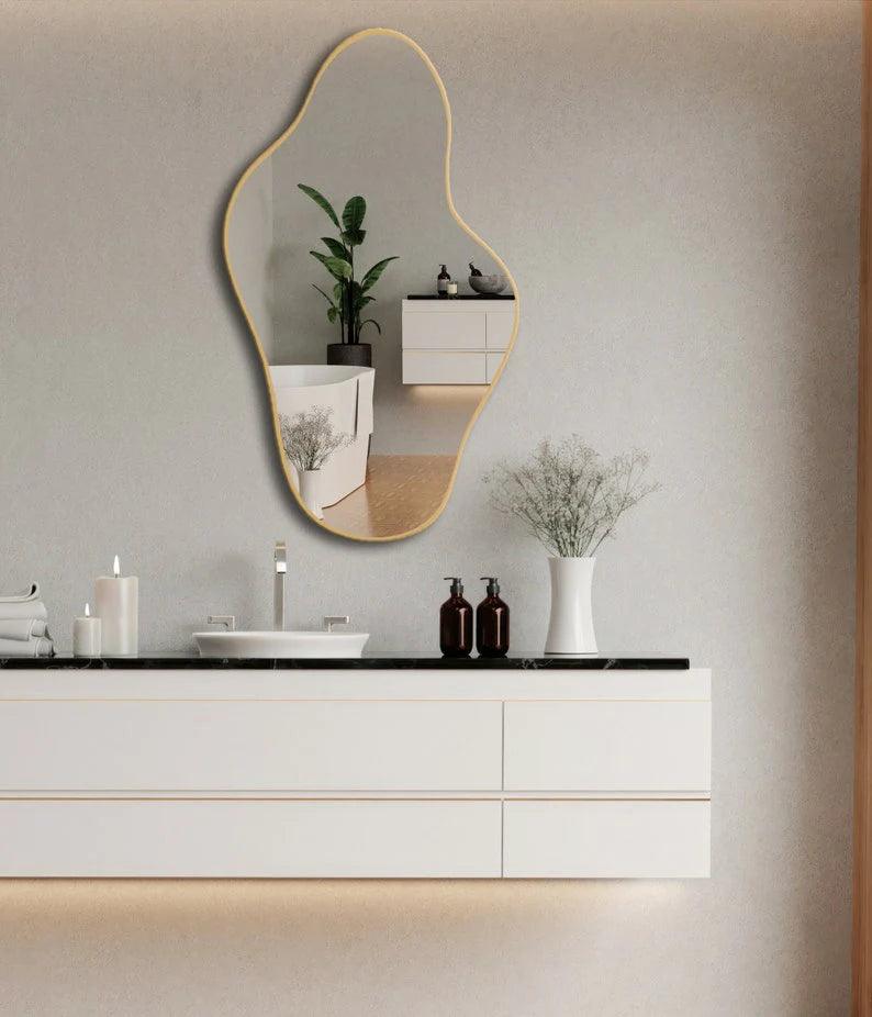 Asymmetrical Irregular Bathroom Decor Mirror with Black Wooden Finish - Decor Mantra 
