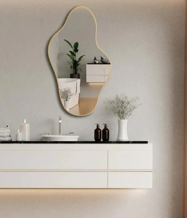 Asymmetrical Irregular Bathroom Decor Mirror with Black Wooden Finish - Decor Mantra 