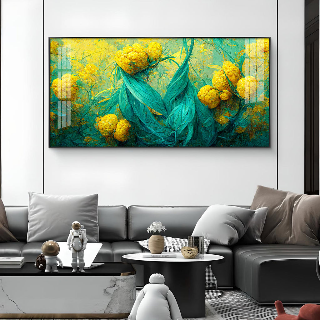 Floral Pattern Glass Finish Horizontal Wall Art