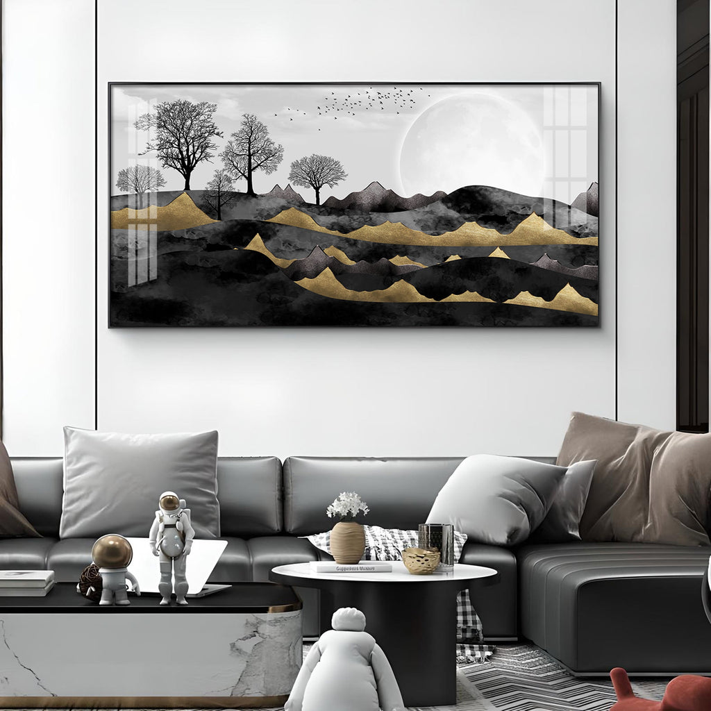 White Sun With Birds Glass Finish Horizontal Wall Art