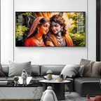 Loving Couple Radha and Krishna Glass Finish Horizontal Wall Art