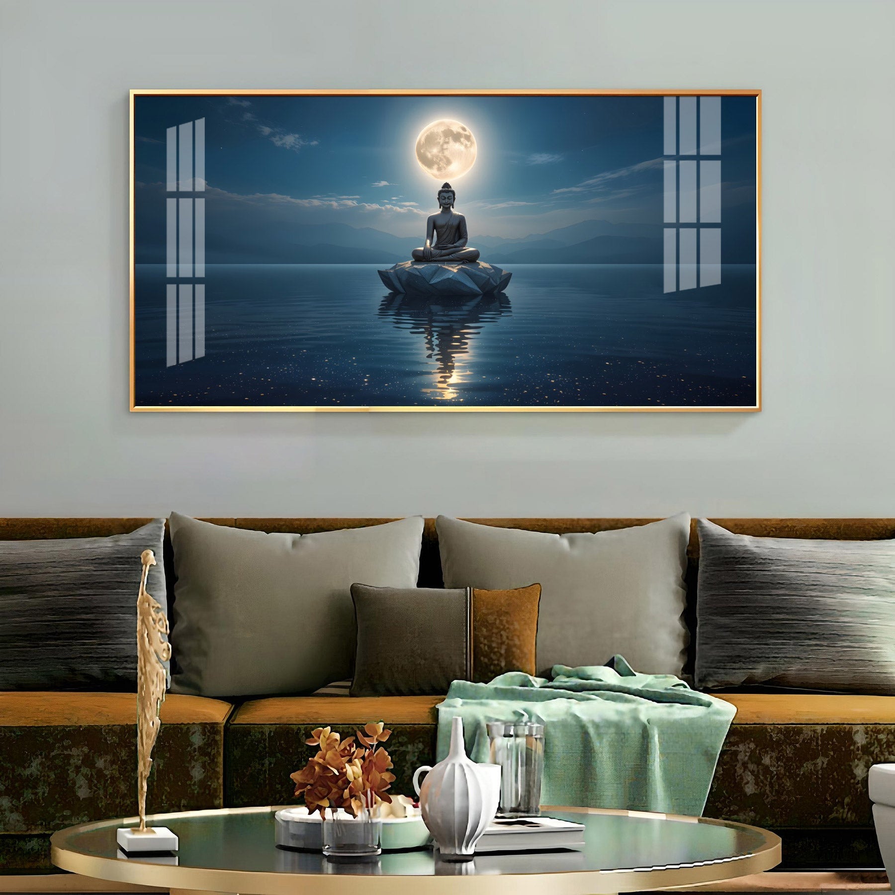 Buddha In Littoral land Glass Finish Horizontal Wall Art