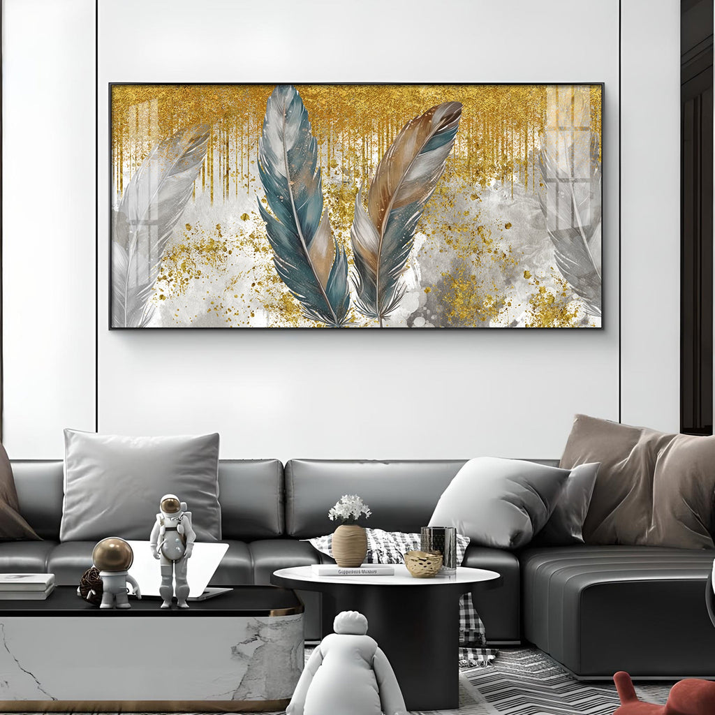 Feather HCmony Glass Finish Horizontal Wall Art
