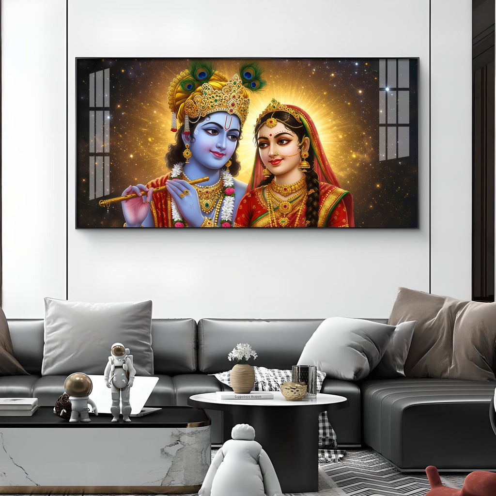Sri Radhe Krishna Loving CHCm Glass Finish Horizontal Wall Art