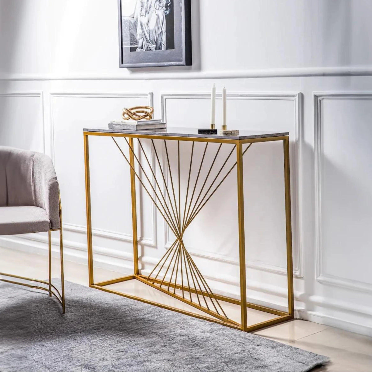 Luxury Marble Wall Console Table In Sleek Golden Rods Design - Decor Mantra 