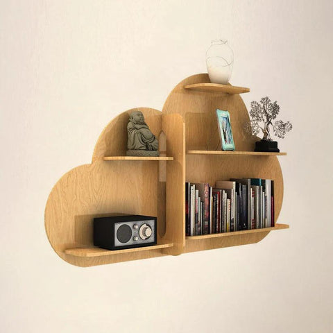 Cloud Shape Backlit Designer Wooden Wall Shelf / Book Shelf / Night Light, Light Oak Finish - Decor Mantra 