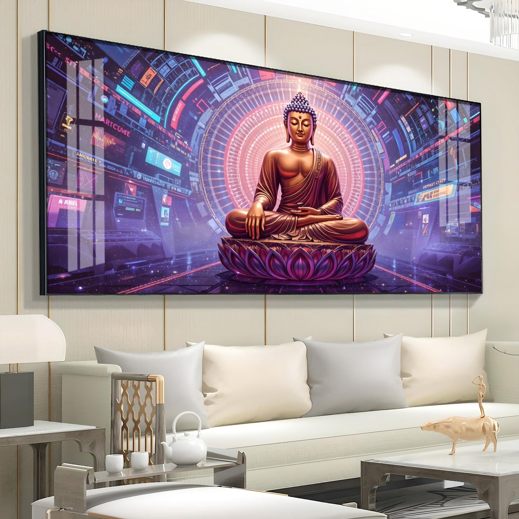 Abstract HCmony Of Buddha Glass Finish Horizontal Wall Art