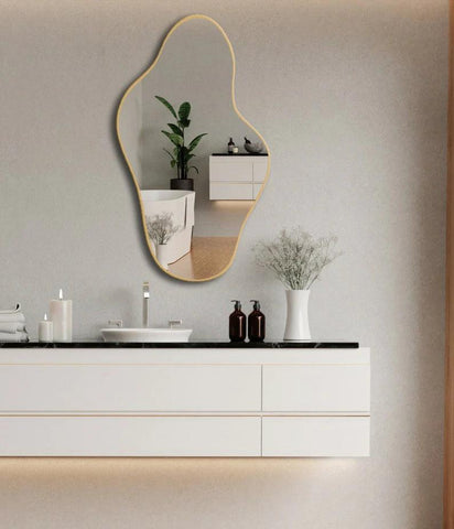 Asymmetrical Irregular Bathroom Decor Mirror with Black Wooden Finish - Decor Mantra 
