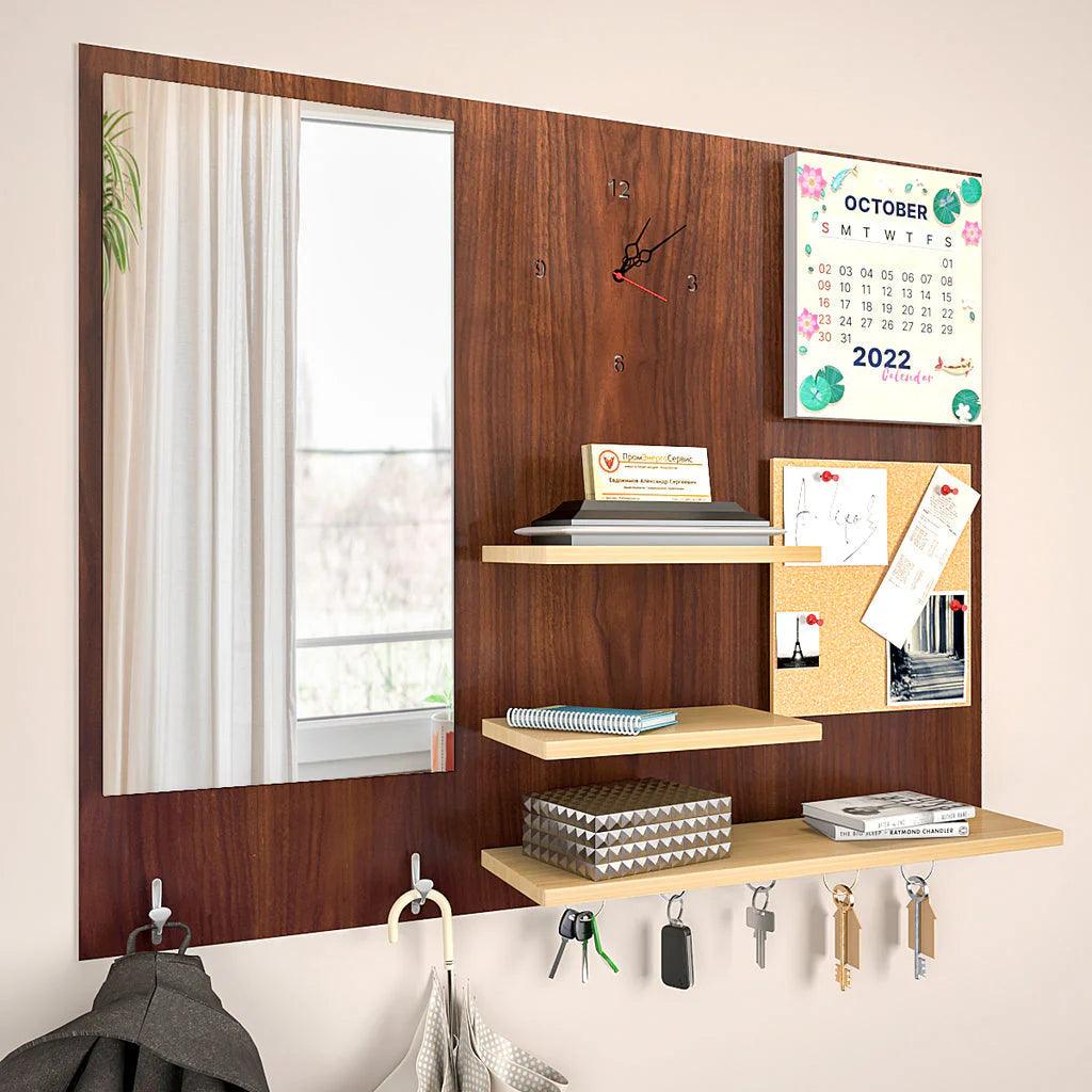 Beautiful (7 In One)' Wooden Wall Organiser with Mirror, Clock, Clipboard, Calendar and Hangers - Decor Mantra 