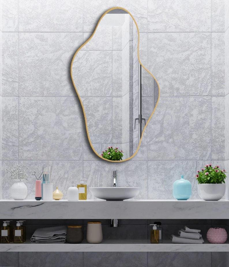 Asymmetrical Irregular Bathroom Decor Mirror with Black Wooden Finish - Decor Mantra 