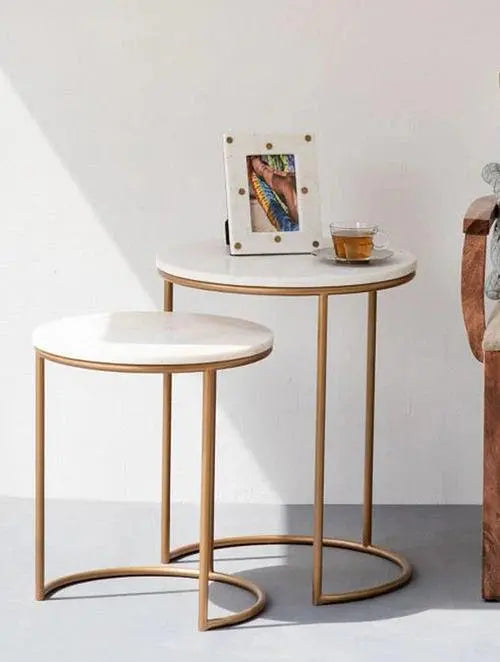 Black & White Marble Top Iron Stand Coffee Table Set of 2 - Decor Mantra 