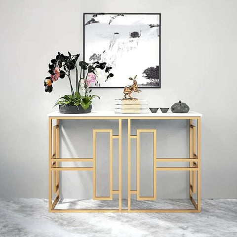 Classic Console Table with White Marble in Golden Metal Finish - Decor Mantra 
