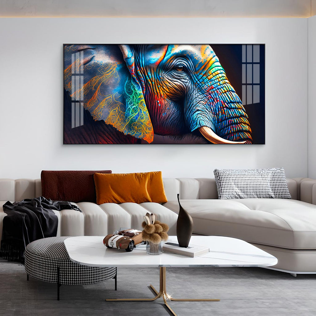 Vibrant Elephant Glass Finish Horizontal Wall Art