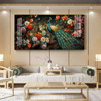 Peacock In Colorful Blossom Glass Finish Horizontal Wall Art