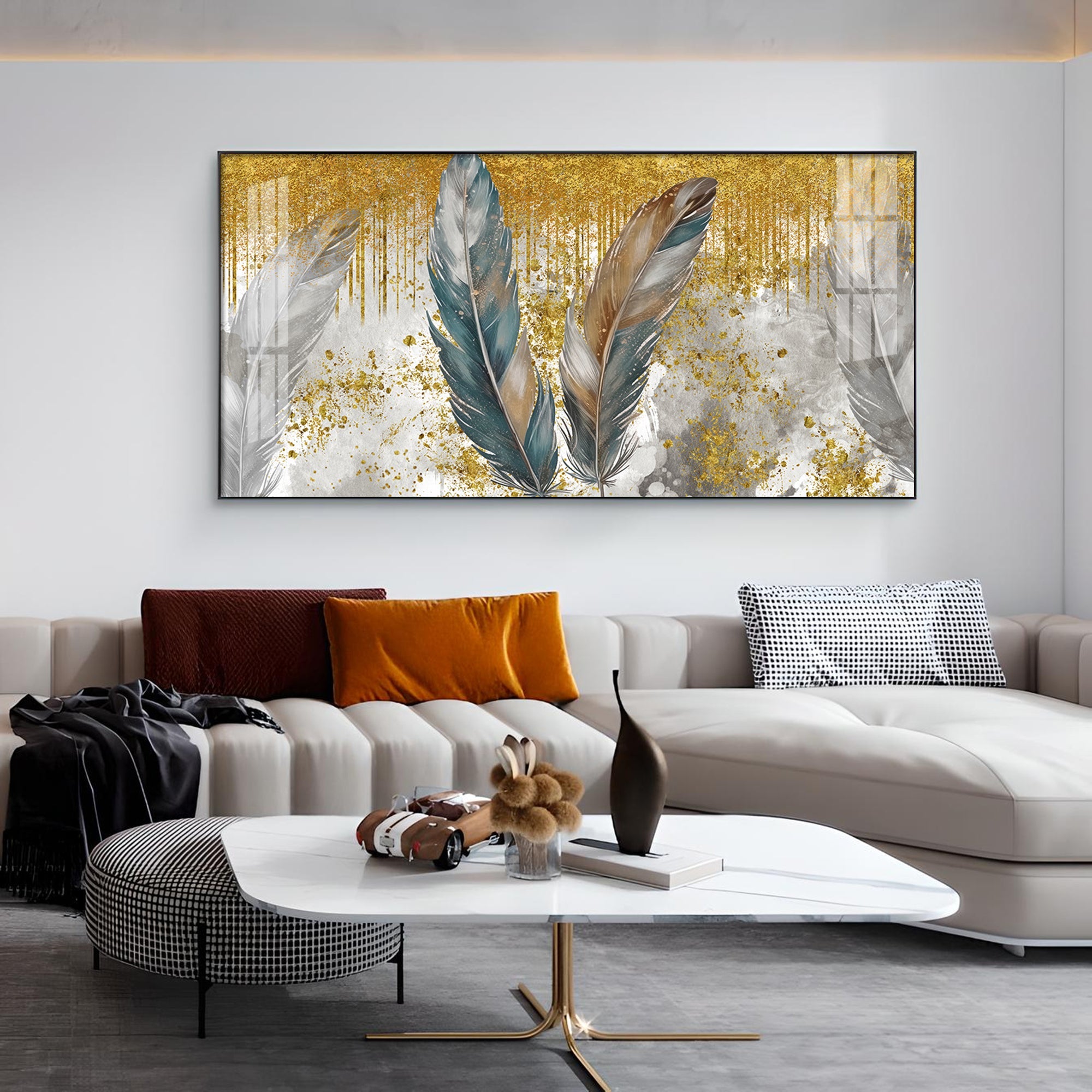 Feather HCmony Glass Finish Horizontal Wall Art